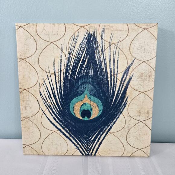 Peacock Feather Vinyl Canvas Prints Wooden Frame Set of 2 - 12x12" - Picture 2 of 9